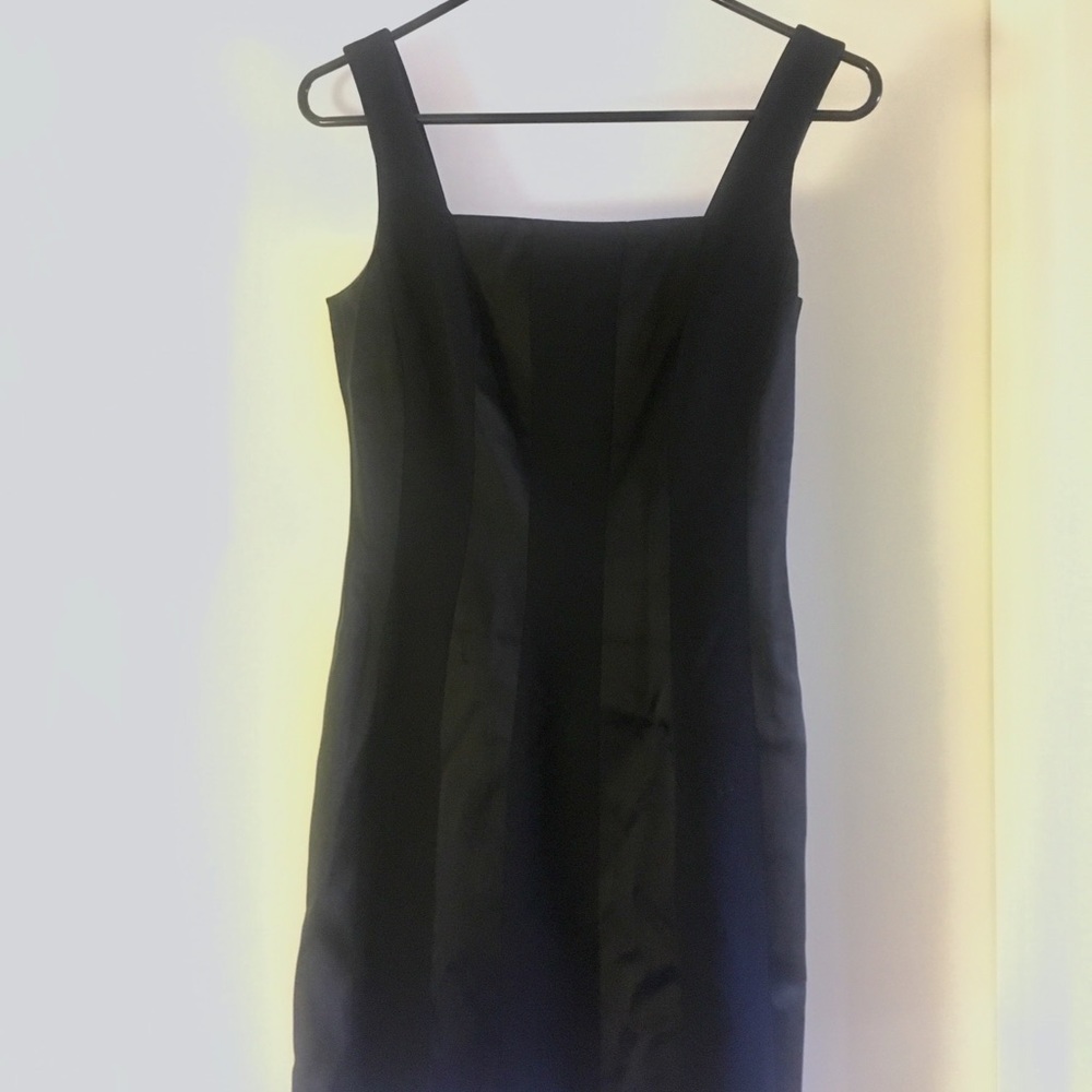 Black satin striped mini dress by Shelli Segal